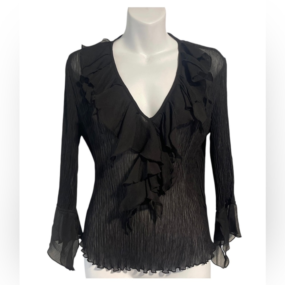 Jaipur Vneck Chiffon Black Top w Ruffles & Bell Cuffs Whimsigoth Romance Small
